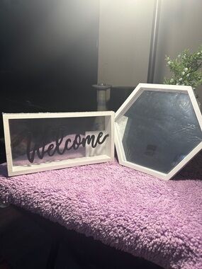 White 'Welcome' Framed Sign with White Hexagon Mirror